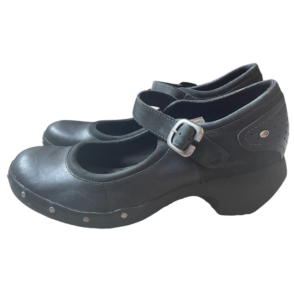Merrell Black Mary Jane Clog Heels with Silver Buckle - Picture 3 of 12